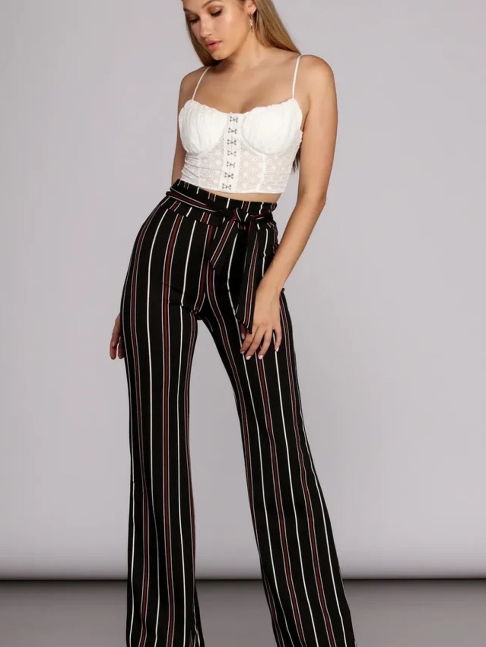 Striped High-Waist Tie-Belt Wide-Leg Pants - Black